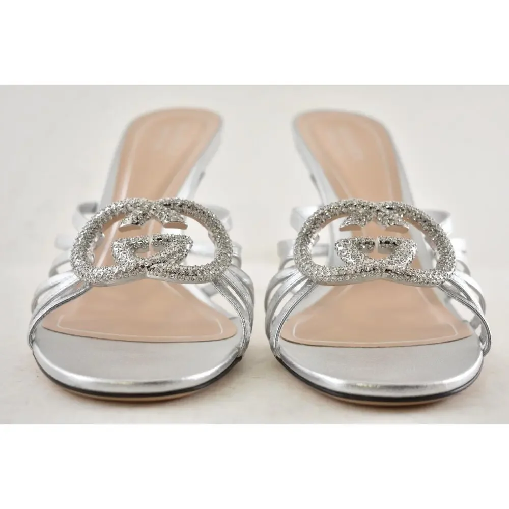 Gucci Interlocking G 85mm Silver Leather Crystal GG Logo Heel Mule Sandal 42